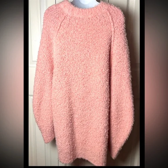 FREE PEOPLE Sweater Teddy Pink Rose Chunky Knit Tunic Pullover Wool $168 Large - Picture 3 of 9